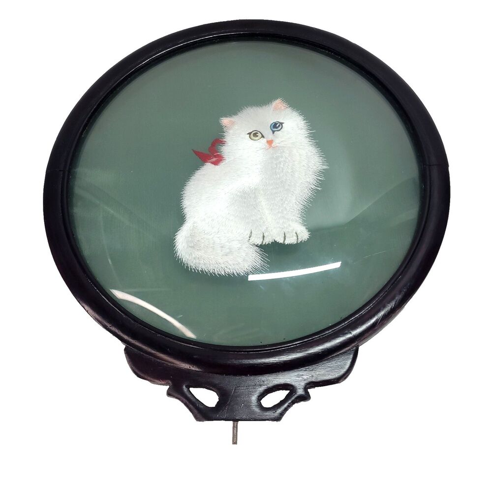 Vtg Chinese Silk Embroidery Thread Painting White Cat 2 Sided round Lacquer Wood